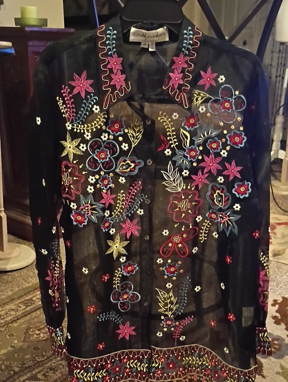 DONNA VINCI Black, Sheer Multicolored Floral Embroidered Blouse